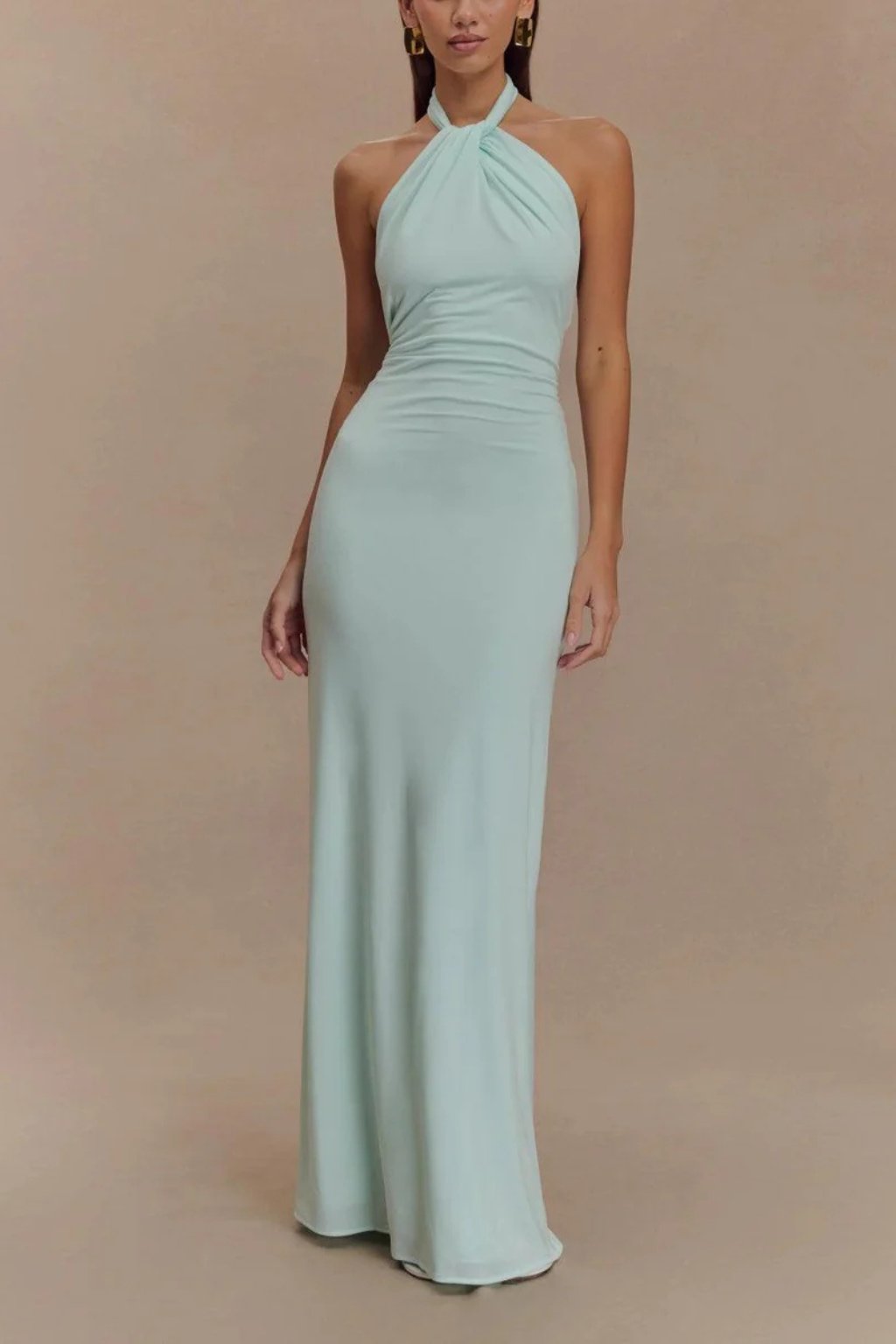 Women's Halter Neck Open Back Bodycon Wedding Guest Maxi Dress | Twisted Knot Detail Front