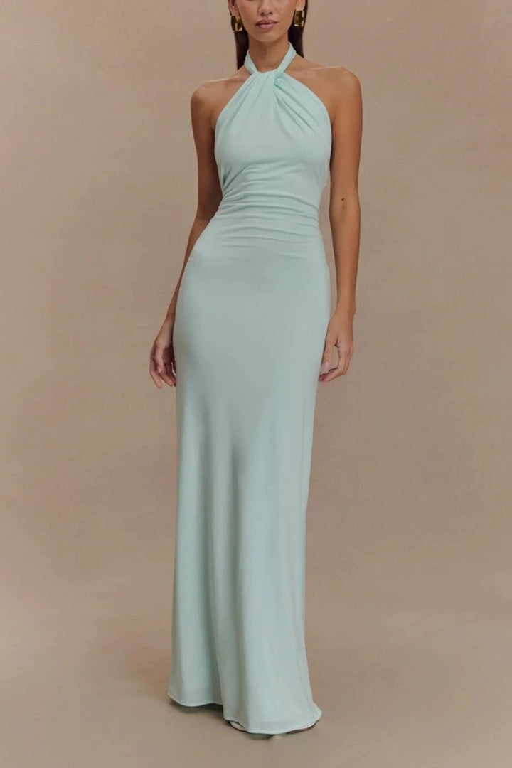 Women's Halter Neck Open Back Bodycon Wedding Guest Maxi Dress | Twisted Knot Detail Front