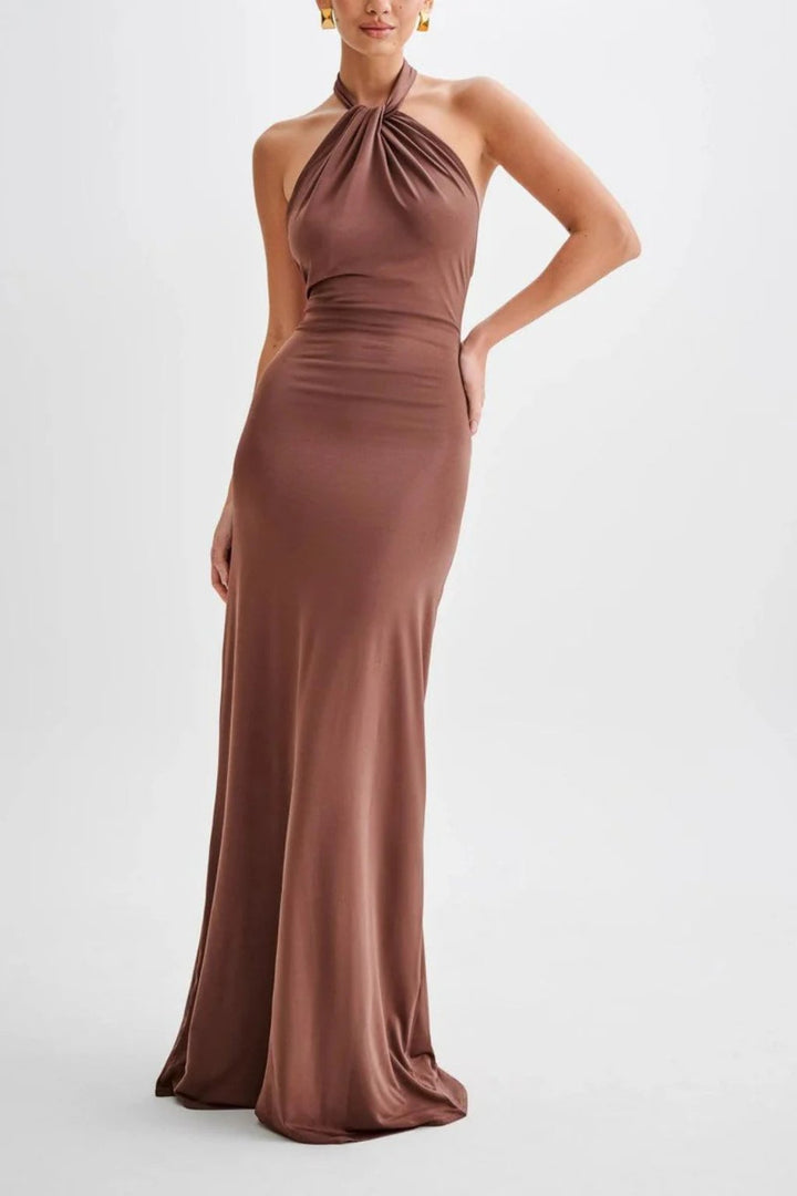 Women's Halter Neck Open Back Bodycon Wedding Guest Maxi Dress | Twisted Knot Detail Full