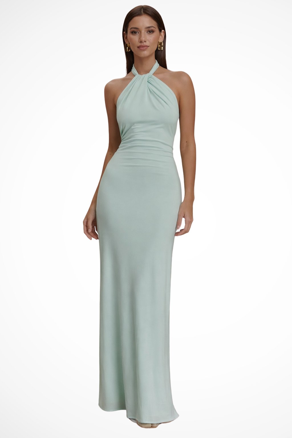 Women's Halter Neck Open Back Bodycon Wedding Guest Maxi Dress | Twisted Knot Detail Hero