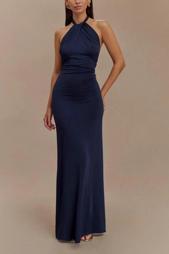 Women's Halter Neck Open Back Bodycon Wedding Guest Maxi Dress | Twisted Knot Detail Lifestyle