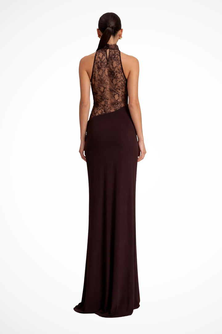 Women's Halter Neck Sleeveless Wedding Guest Maxi Dress | Lace Panel Detail Front