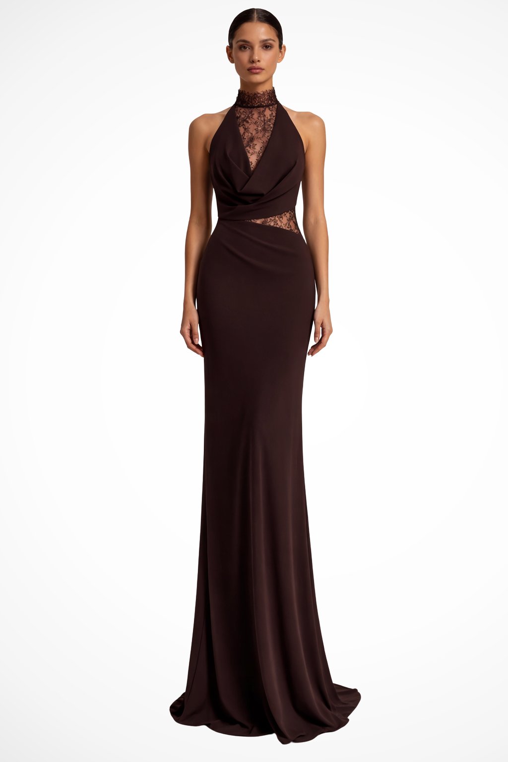 Women's Halter Neck Sleeveless Wedding Guest Maxi Dress | Lace Panel Detail Hero