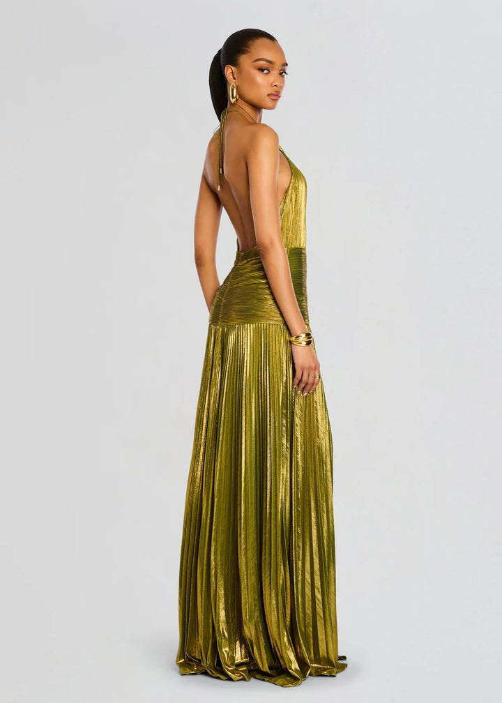 Women's Halter Neck Wedding Guest Maxi Dress | Thigh Split Metallic Detail