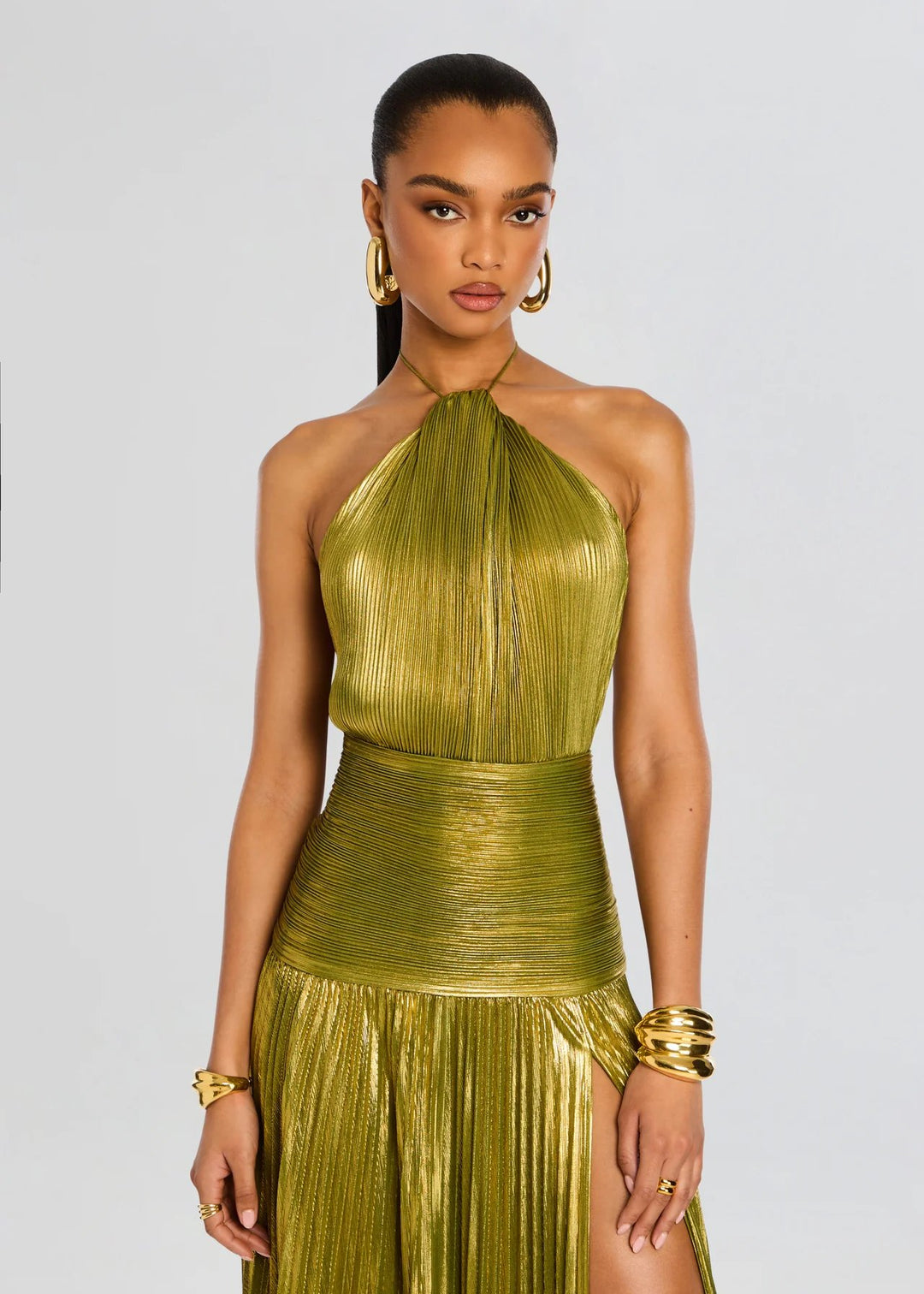 Women's Halter Neck Wedding Guest Maxi Dress | Thigh Split Metallic Side