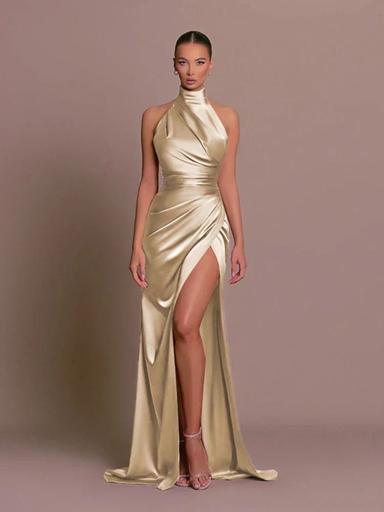 Women's Halterneck Maxi Dress | Wedding Guest High Leg Split Satin Back