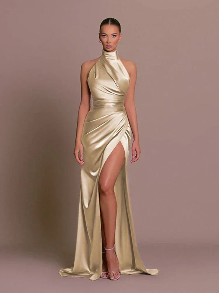 Women's Halterneck Maxi Dress | Wedding Guest High Leg Split Satin Back