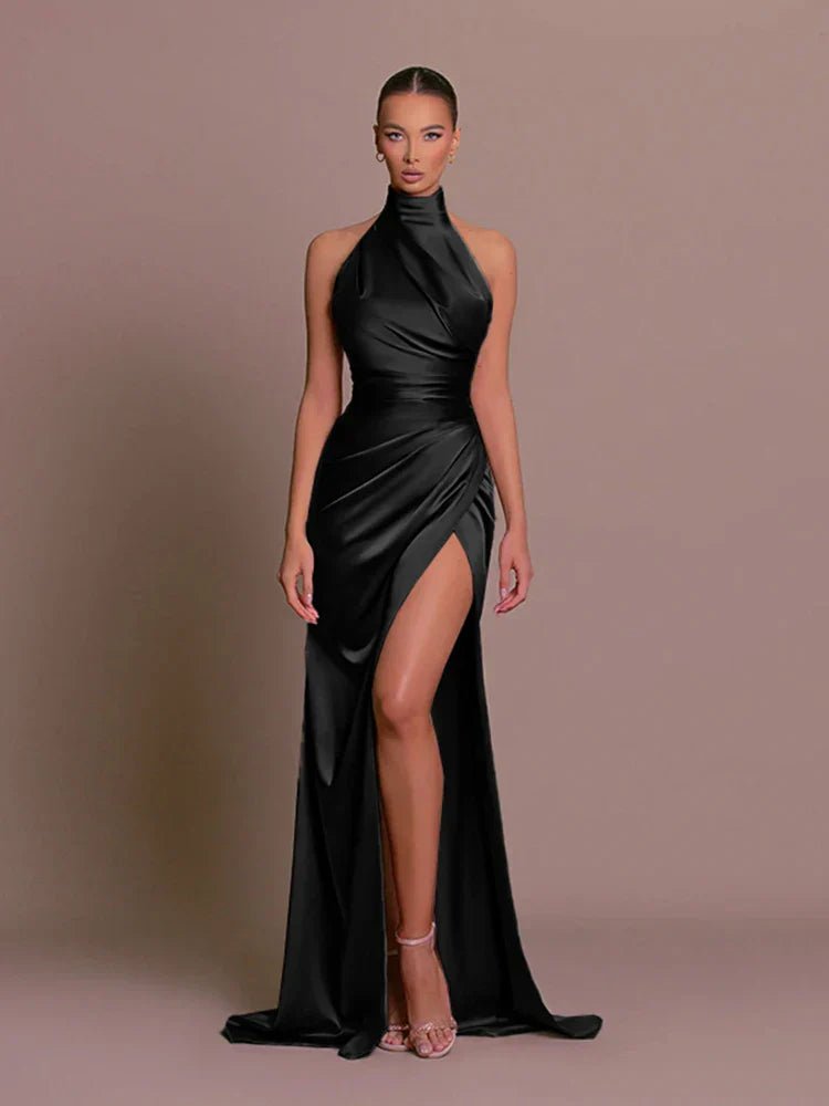 Women's Halterneck Maxi Dress | Wedding Guest High Leg Split Satin Close Up