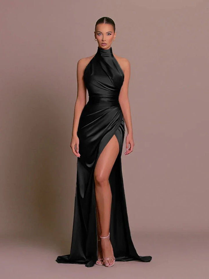 Women's Halterneck Maxi Dress | Wedding Guest High Leg Split Satin Close Up