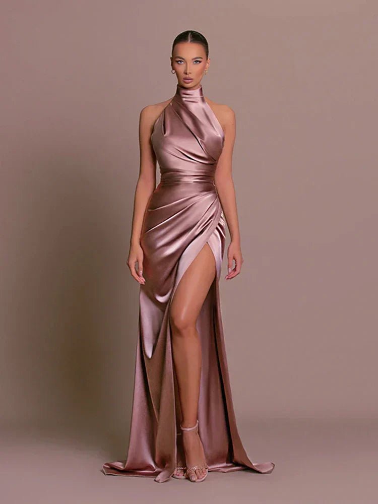 Women's Halterneck Maxi Dress | Wedding Guest High Leg Split Satin Hero