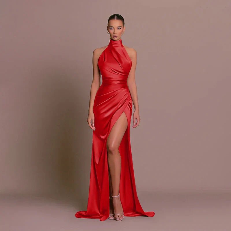 Women's Halterneck Maxi Dress | Wedding Guest High Leg Split Satin Lifestyle