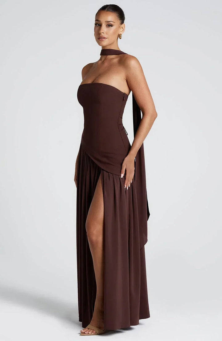 Women's Halterneck Maxi Dress | Wedding Guest High Split Draped Close Up