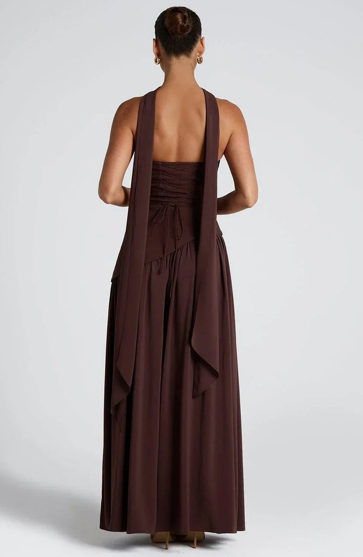 Women's Halterneck Maxi Dress | Wedding Guest High Split Draped Detail