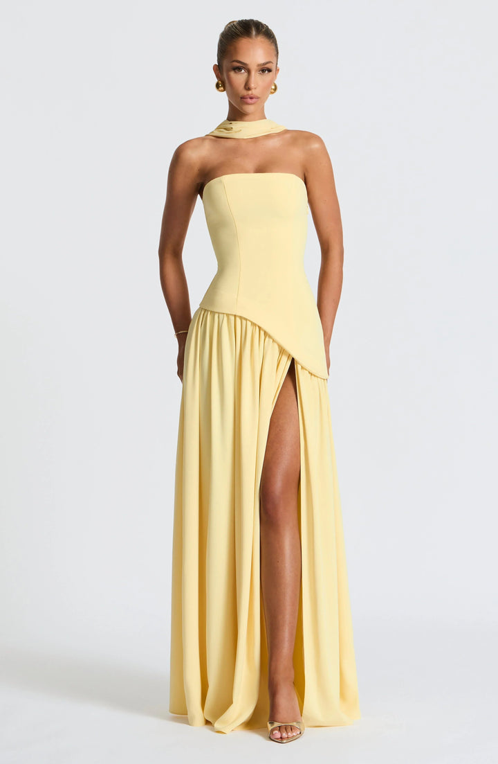 Women's Halterneck Maxi Dress | Wedding Guest High Split Draped Full