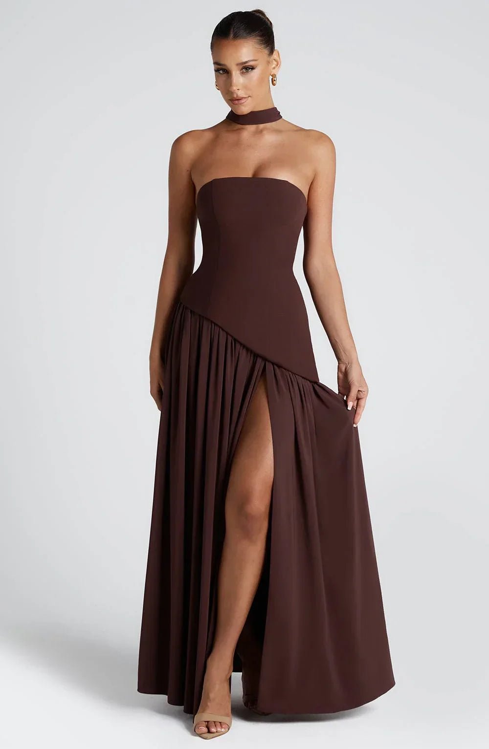 Women's Halterneck Maxi Dress | Wedding Guest High Split Draped Lifestyle