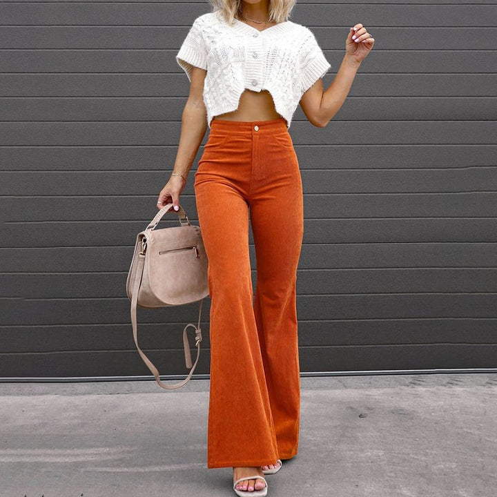 Women's High-Waist Corduroy Flare Trousers Close Up