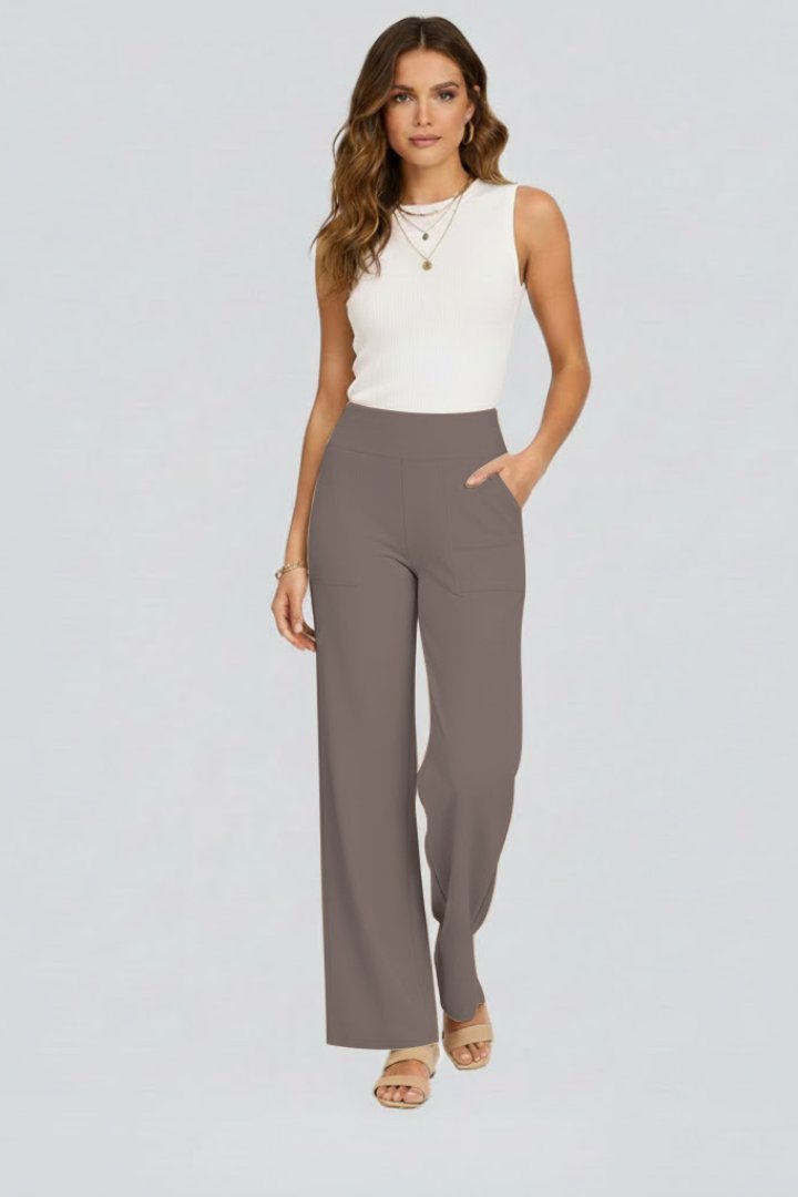 Women's High Waist Wide Leg Trousers with Side Pockets Front