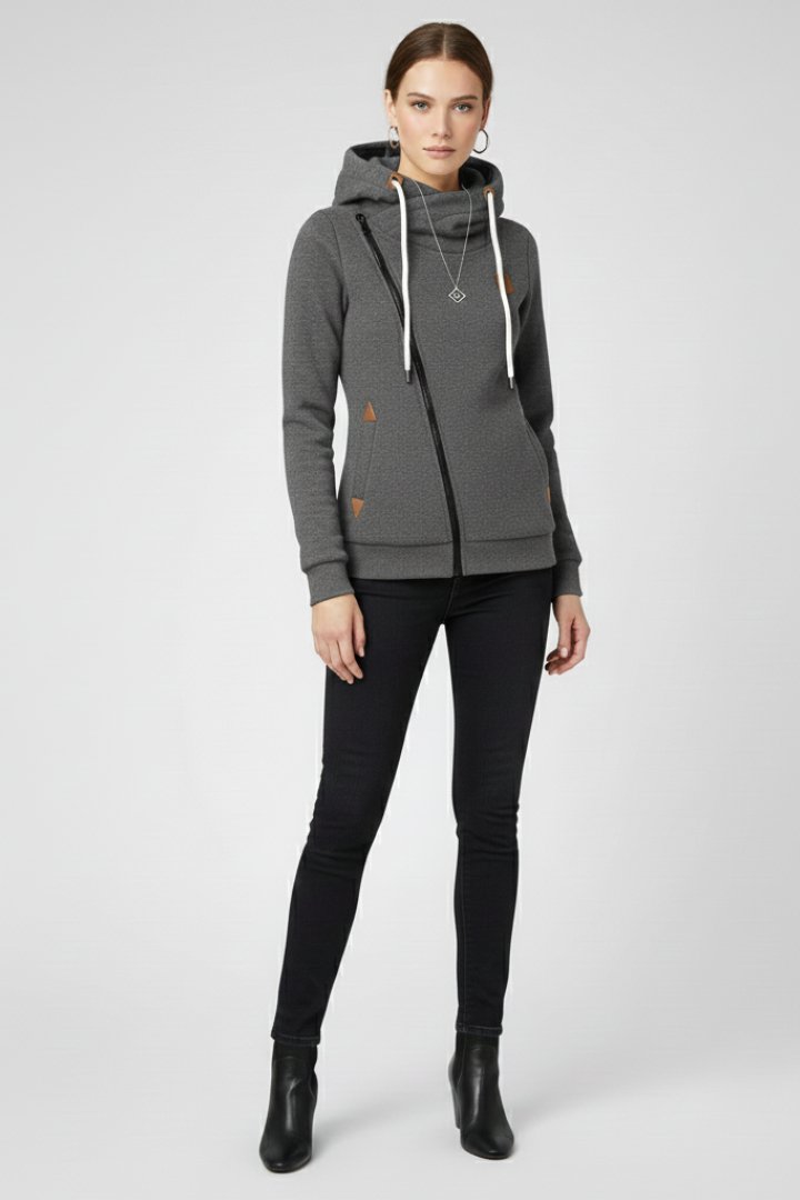 Women's Hooded Jacket | Asymmetrical Zip with Drawstring Angle