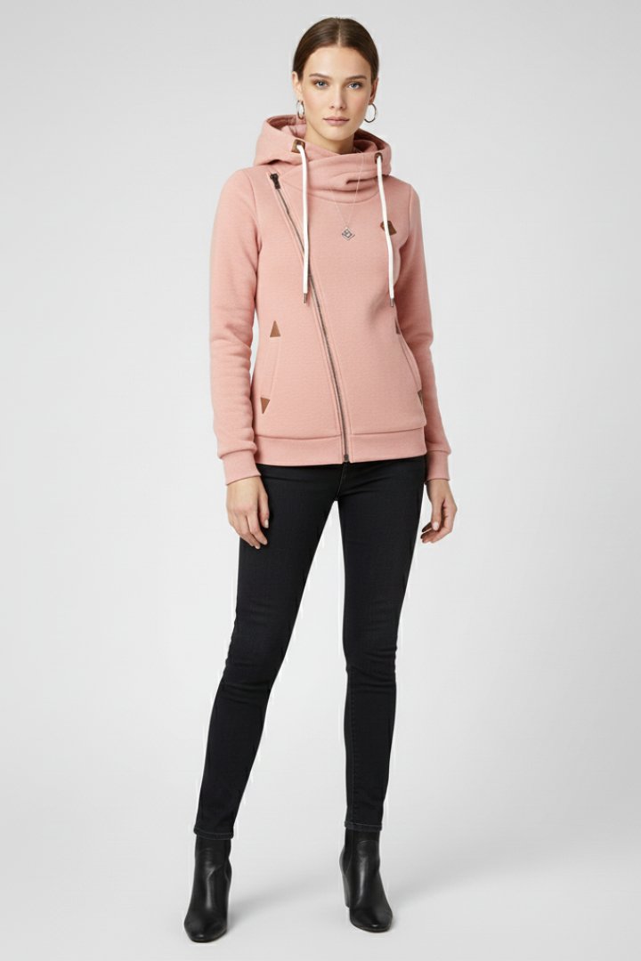 Women's Hooded Jacket | Asymmetrical Zip with Drawstring Close Up