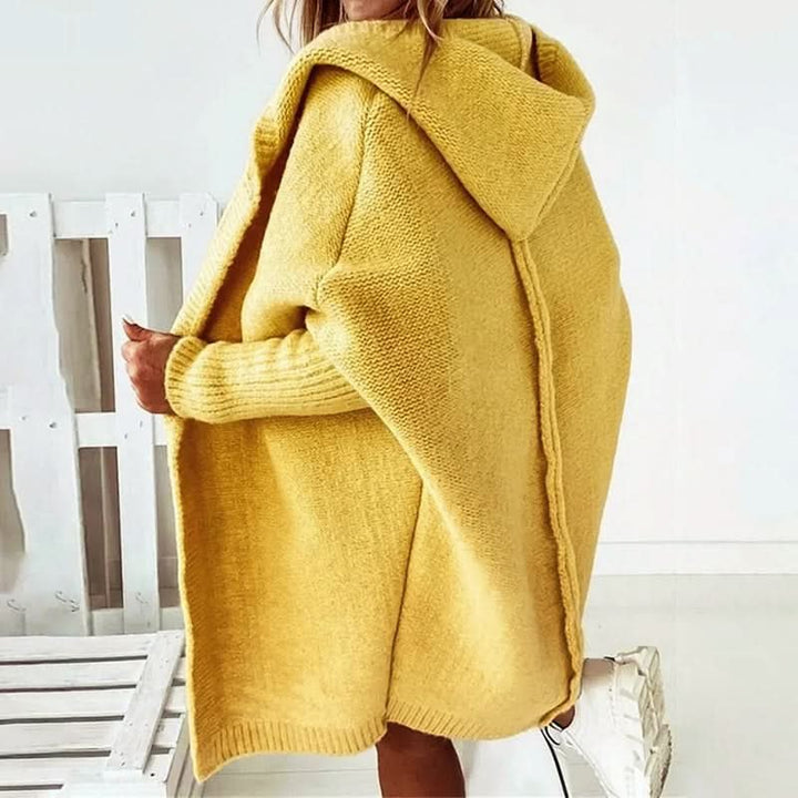 Women's Hooded Loose Knit Cardigan | Oversized Knee Length Drape Close Up