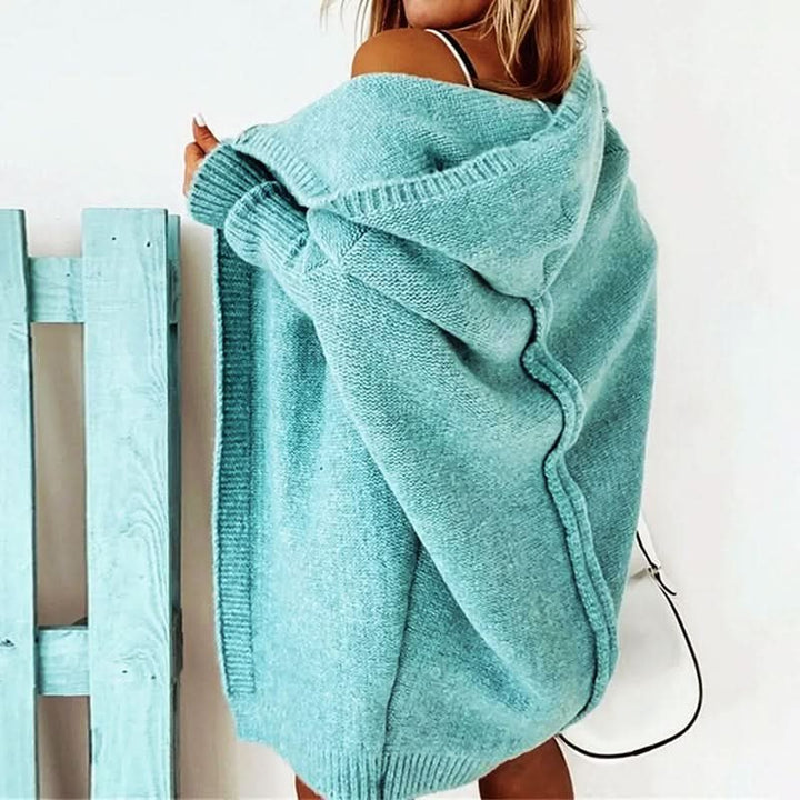 Women's Hooded Loose Knit Cardigan | Oversized Knee Length Drape Detail