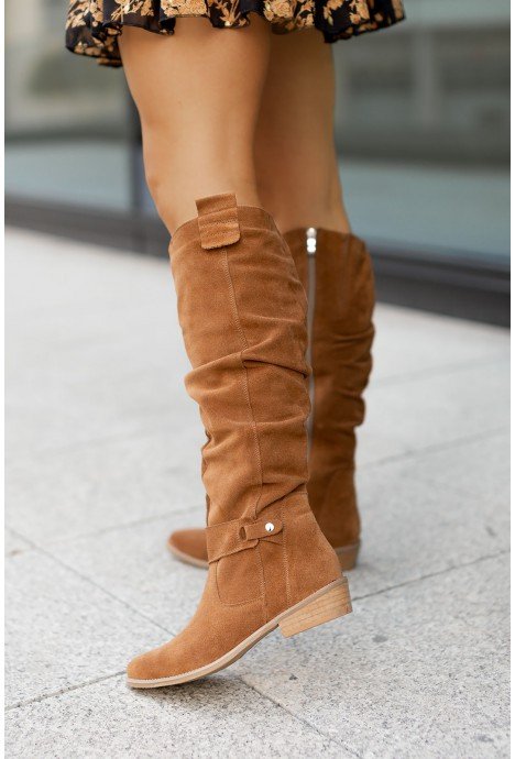 Women's Knee-High Slouch Boots | Side Zip Block Heel Close Up