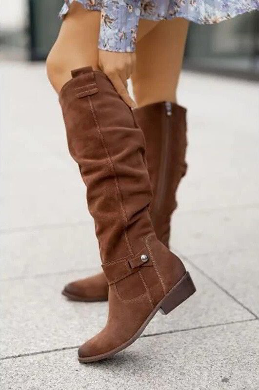 Women's Knee-High Slouch Boots | Side Zip Block Heel Detail