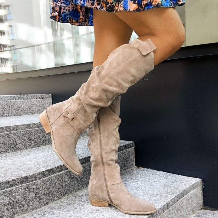 Women's Knee-High Slouch Boots | Side Zip Block Heel Front