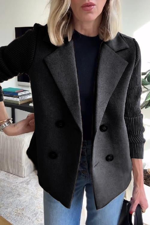 Women's Knit Double-Breasted Blazer | Ribbed Panel Smart Casual Fit Close Up