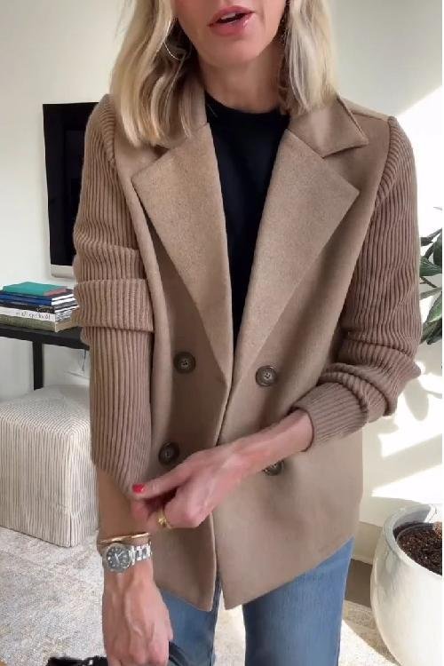 Women's Knit Double-Breasted Blazer | Ribbed Panel Smart Casual Fit Front