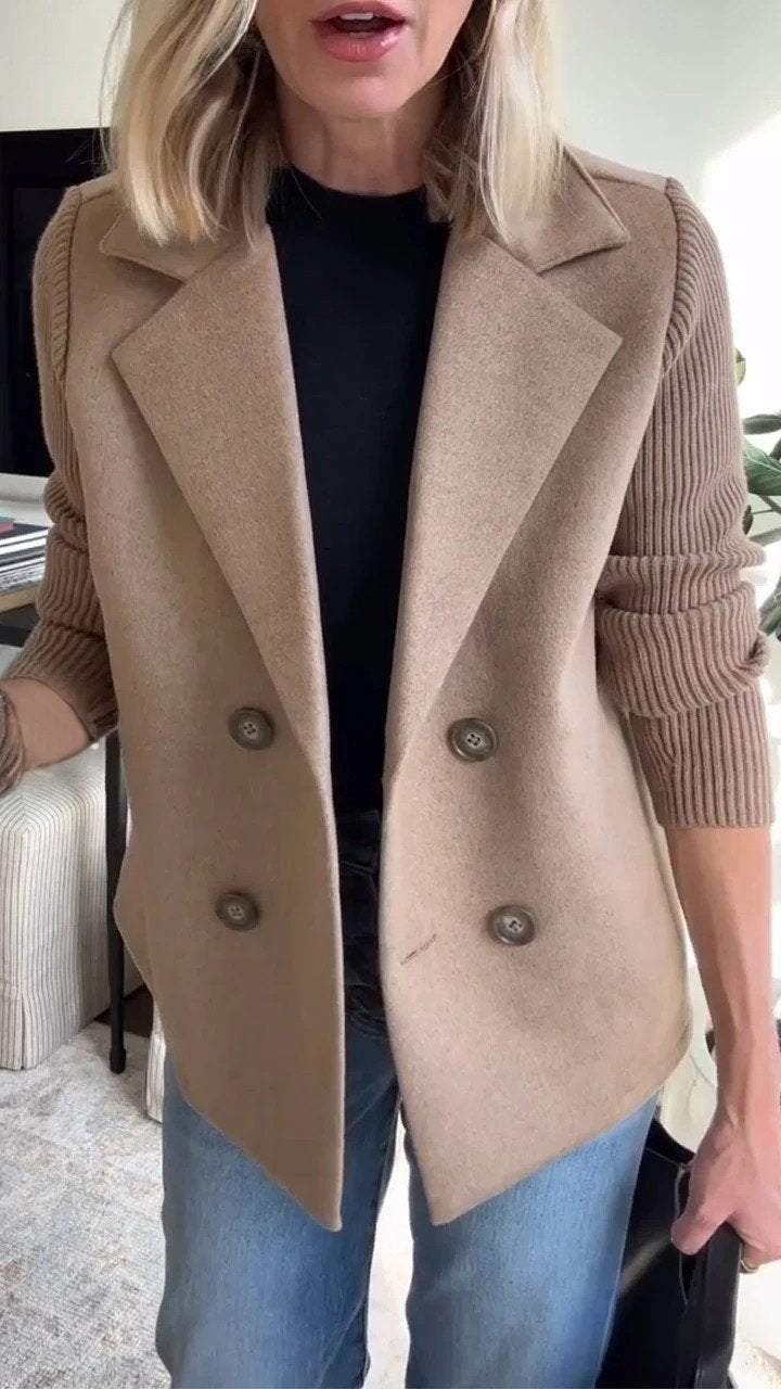 Women's Knit Double-Breasted Blazer | Ribbed Panel Smart Casual Fit Side