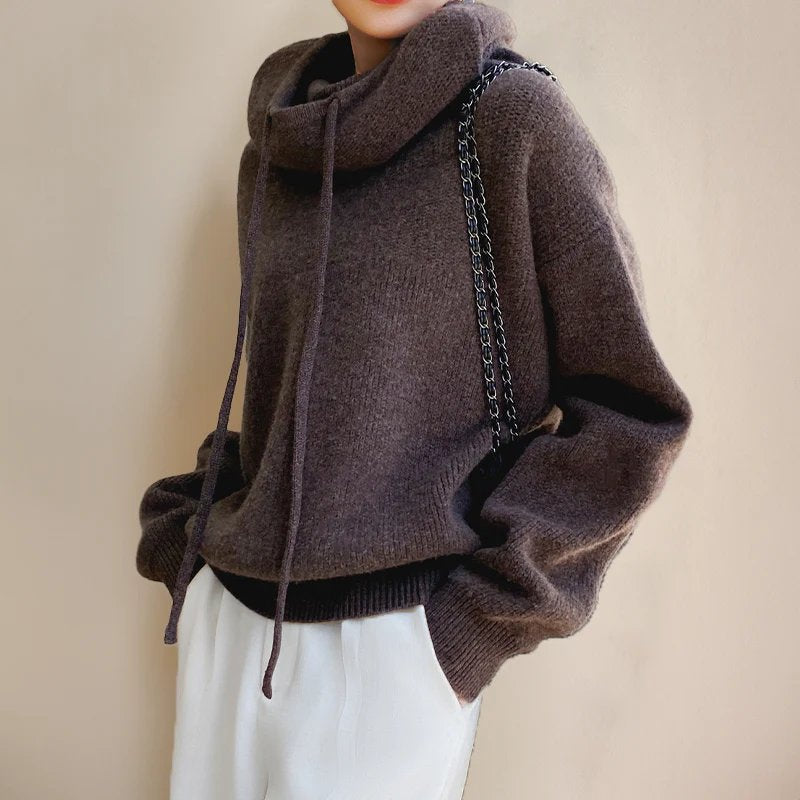 Women's Knit Hooded Sweater | Oversized Cowl Hood Relaxed Fit Front