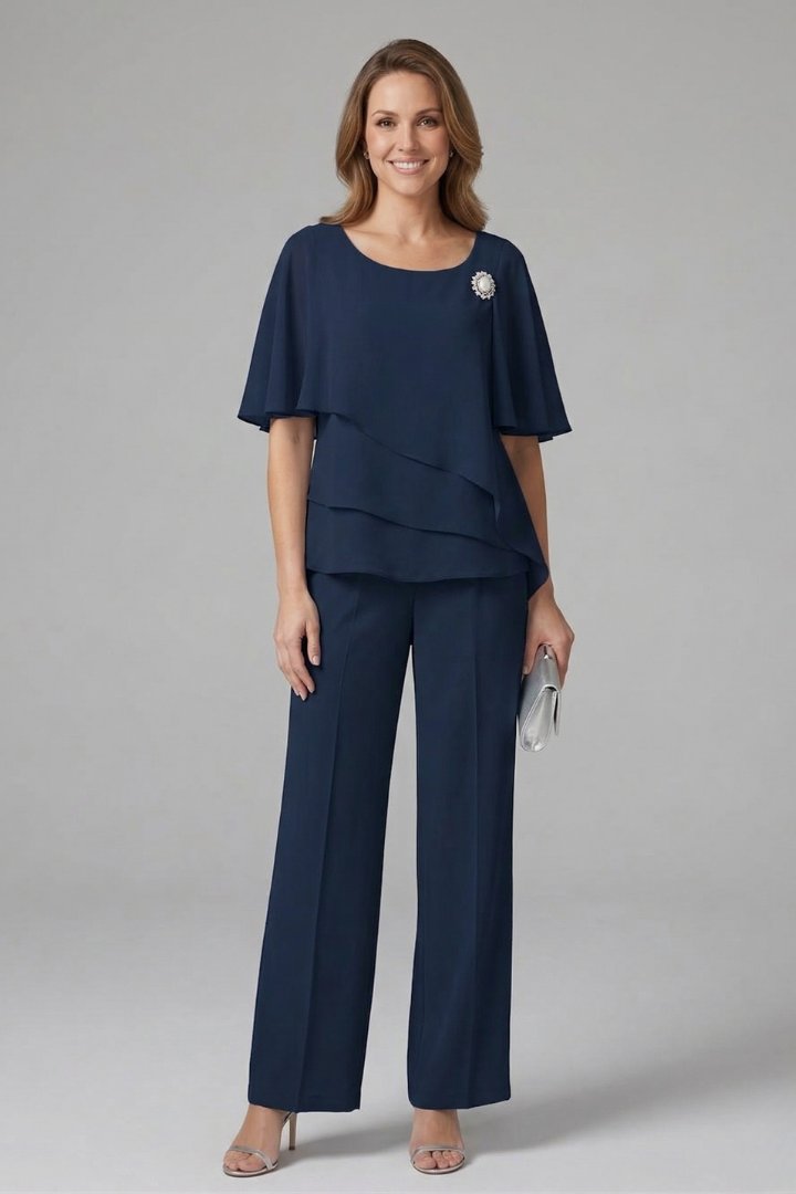 Women's Layered Top | Straight Leg Trousers Set Close Up
