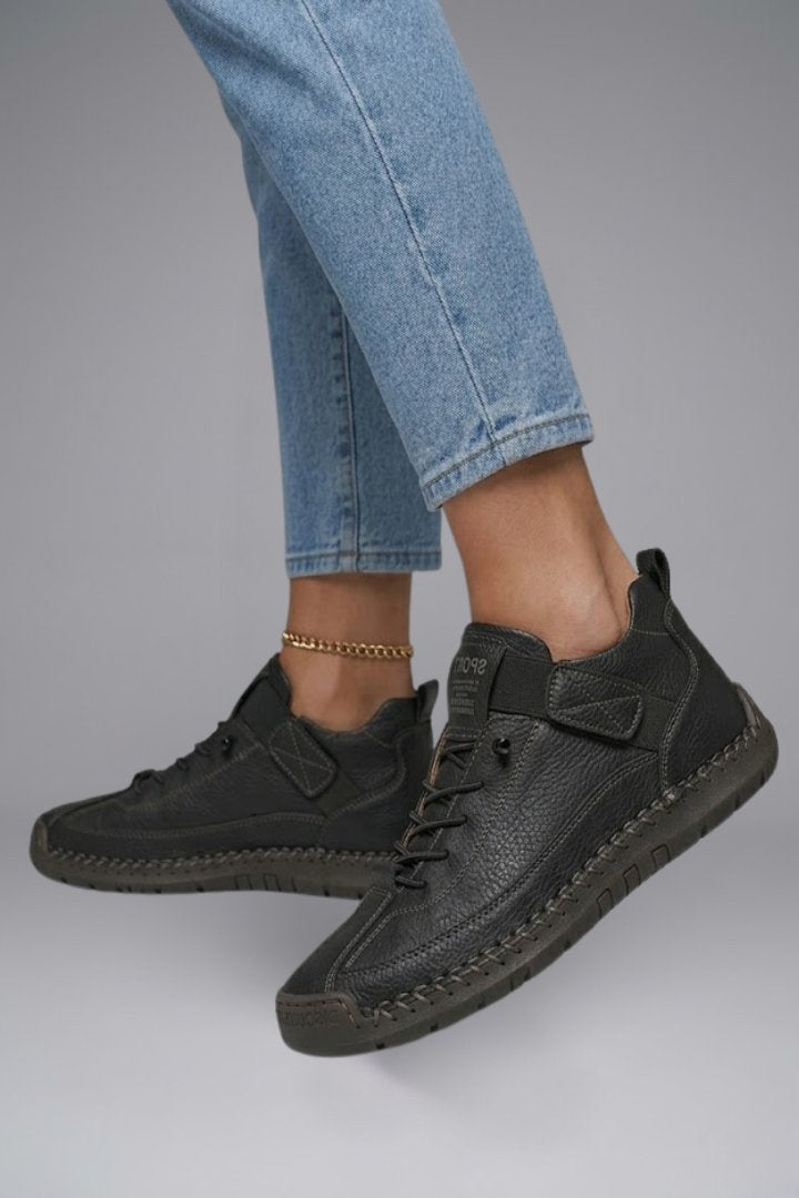 Women's Leather Trainers | Elastic Panel Strap Fastening Close Up