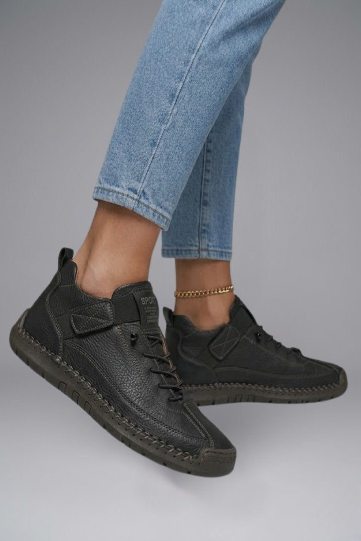 Women's Leather Trainers | Elastic Panel Strap Fastening Side
