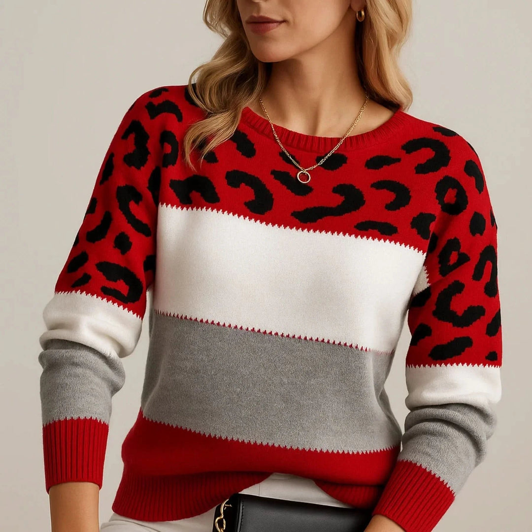 Women's Leopard Yoke Sweater | Relaxed Fit Bold Print Angle