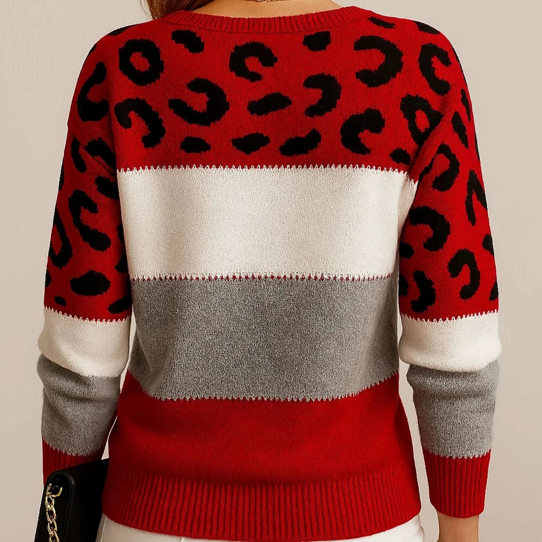Women's Leopard Yoke Sweater | Relaxed Fit Bold Print Back