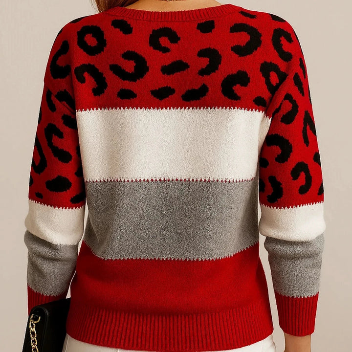 Women's Leopard Yoke Sweater | Relaxed Fit Bold Print Back
