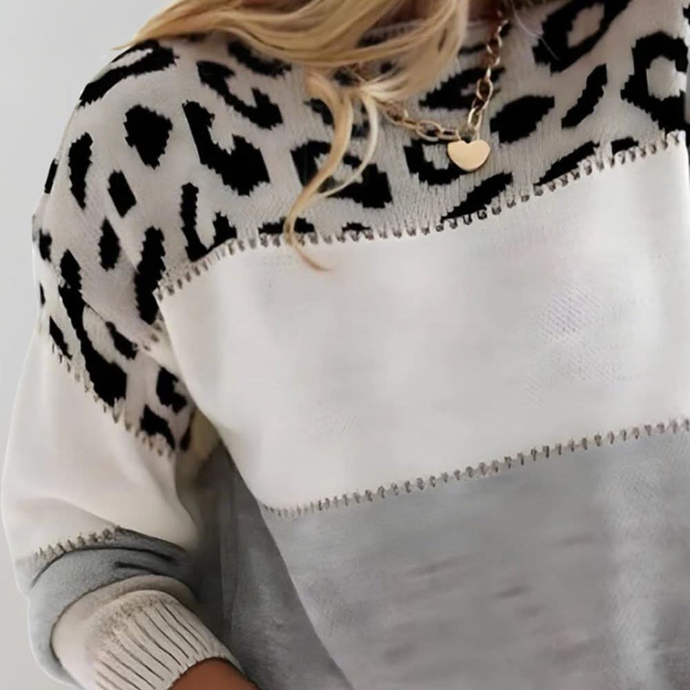 Women's Leopard Yoke Sweater | Relaxed Fit Bold Print Detail