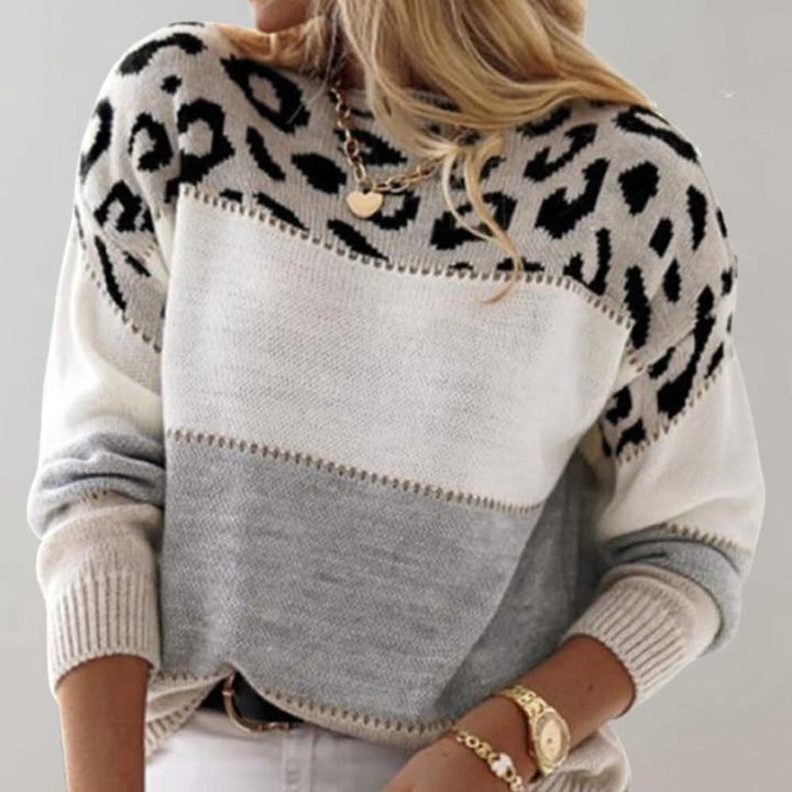 Women's Leopard Yoke Sweater | Relaxed Fit Bold Print Side