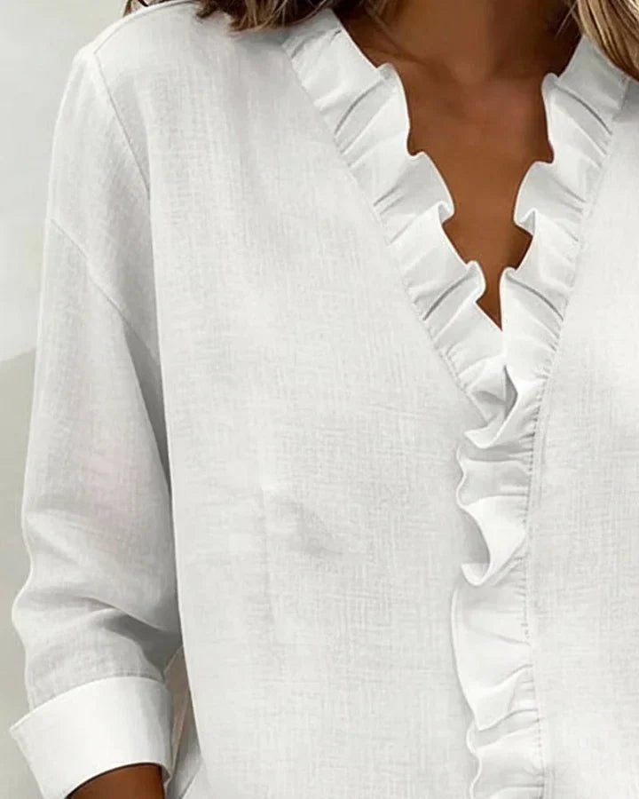 Women's Lightweight V-Neck Blouse | Ruffled Long Sleeve Angle