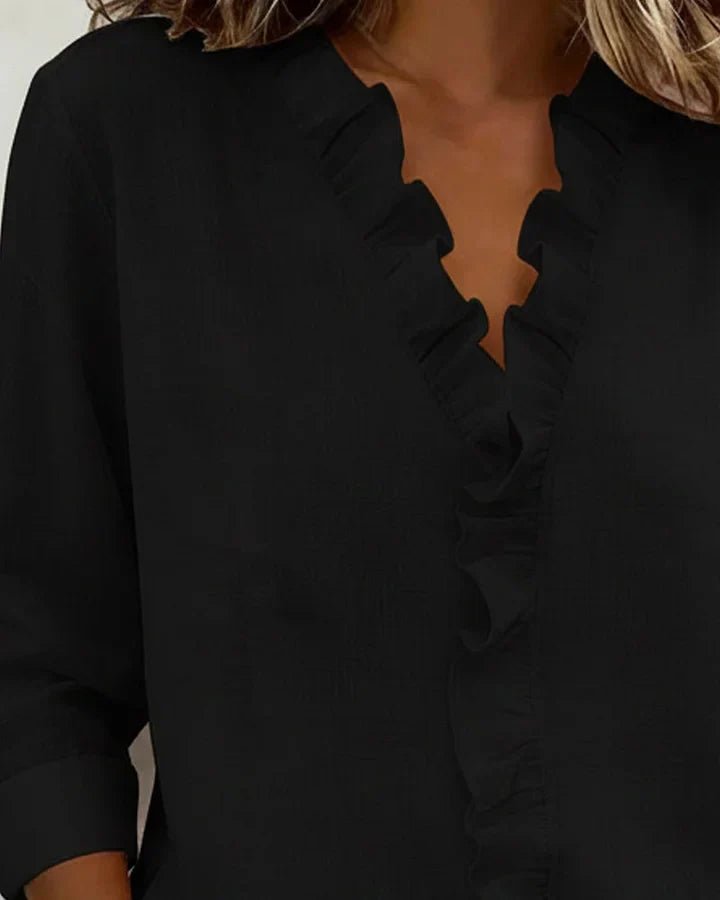 Women's Lightweight V-Neck Blouse | Ruffled Long Sleeve Close Up