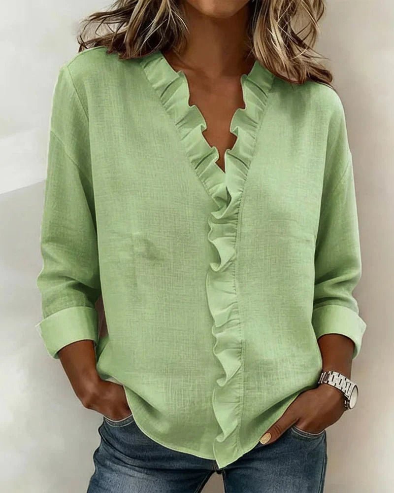 Women's Lightweight V-Neck Blouse | Ruffled Long Sleeve Detail