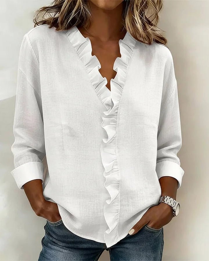 Women's Lightweight V-Neck Blouse | Ruffled Long Sleeve Front
