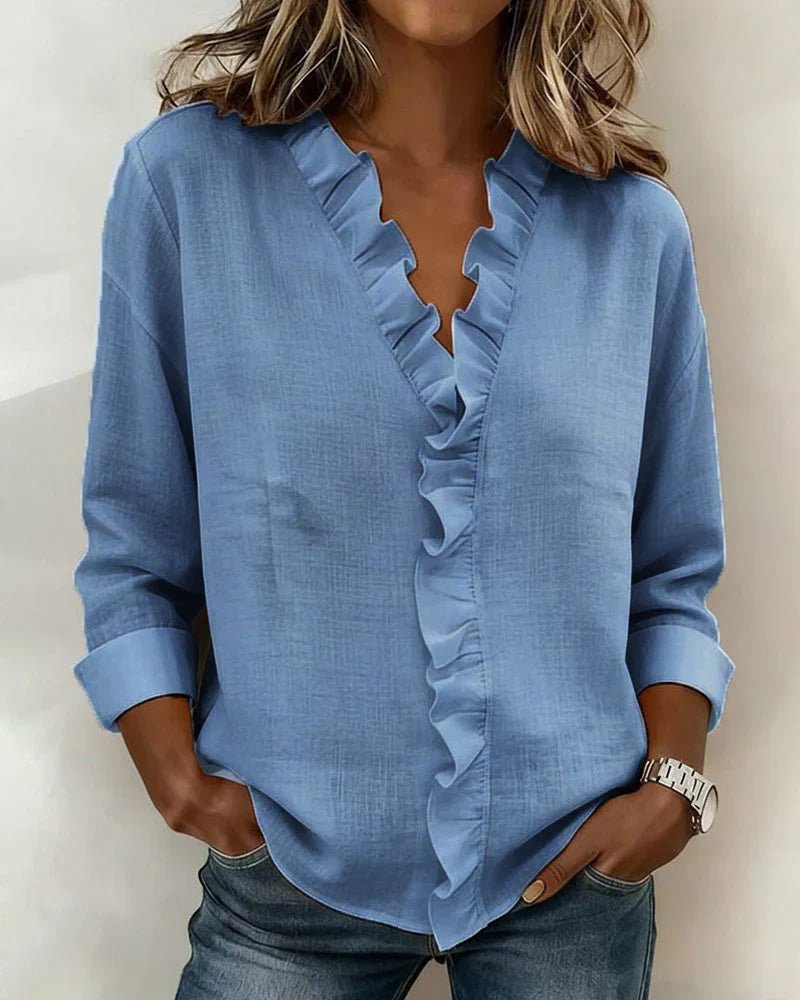 Women's Lightweight V-Neck Blouse | Ruffled Long Sleeve Side