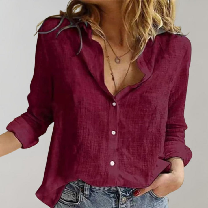 Women's Linen Button Blouse | Relaxed Fit Scalloped Collar Back