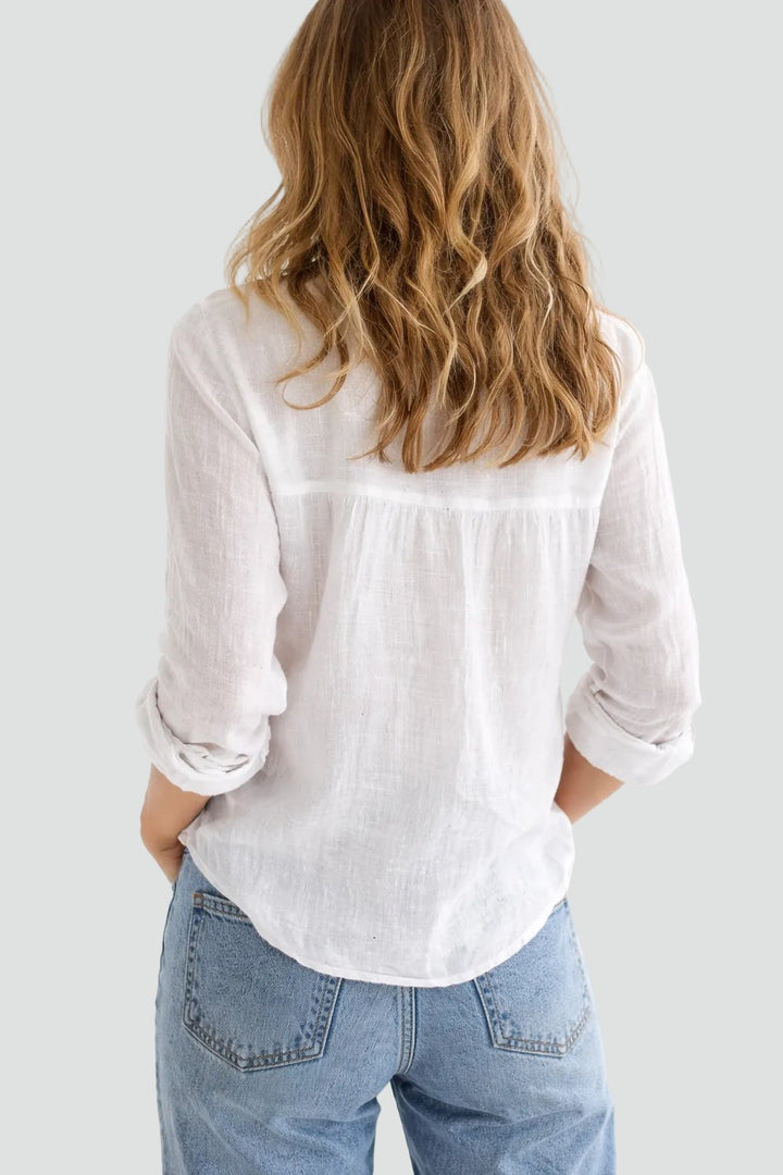 Women's Linen Button Blouse | Relaxed Fit Scalloped Collar Front