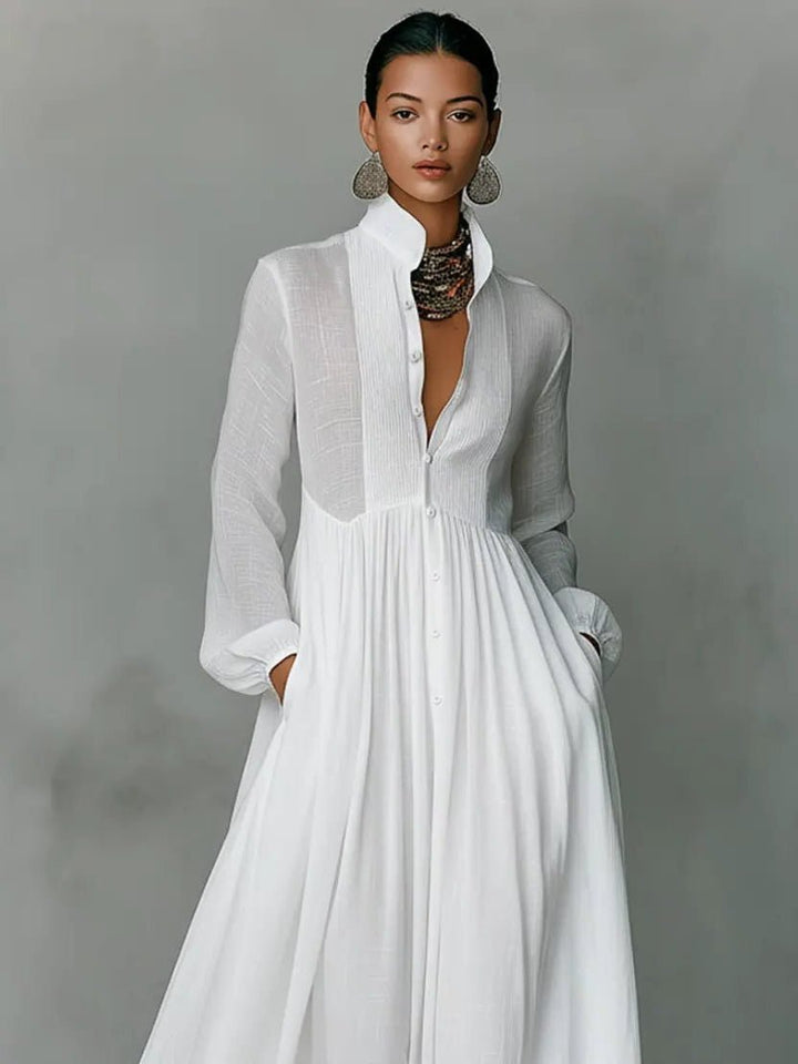 Women's Linen Maxi Shirt Dress | Stand Collar with Pockets Back
