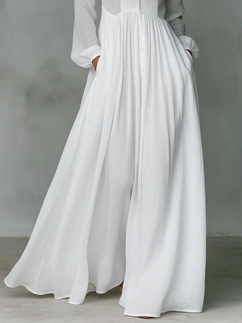 Women's Linen Maxi Shirt Dress | Stand Collar with Pockets Close Up