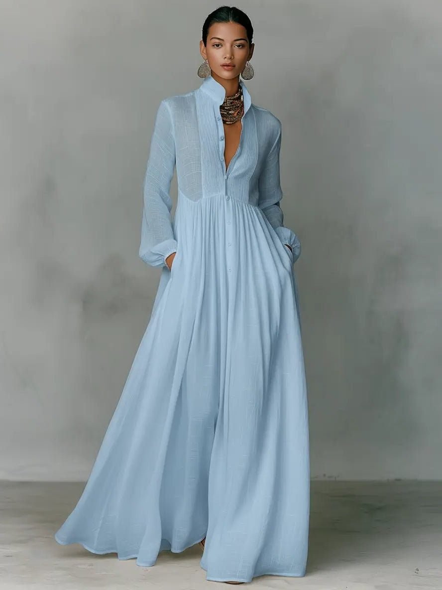 Women's Linen Maxi Shirt Dress | Stand Collar with Pockets Detail